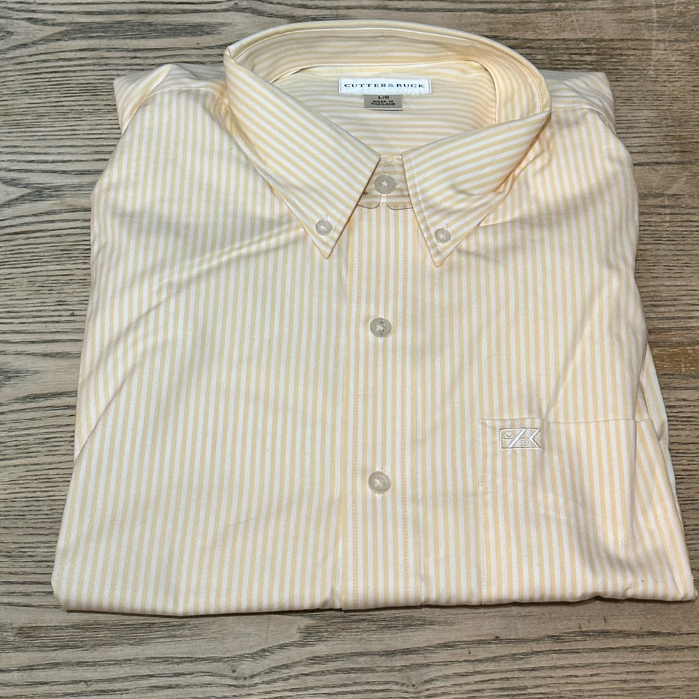 NWOT Cutter & Buck Mens LG Yellow White Striped Long Sleeve Button Down Up Shirt